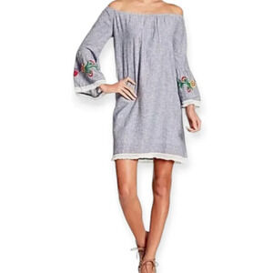 Beach lunch lounge Blue Stripe Nala Off Shoulder Embroidery Bell Cuff Dress M